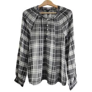 Lucky Brand Women's Medium Plaid Embroidered Trim Pullover Top Black & White